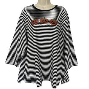 Halloween Top Womens 2X Black White Striped Sequin Pumpkin Glam Tee Coral Bay